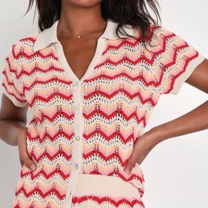 A1. Lulus Crochet Chevron Short Sleeve Collared Button Up Shirt Top Knit